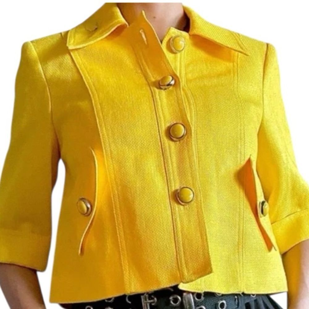 Nygard Women’s Linen Blend Yellow Cropped Summer Lined Jacket Button Details 4P
